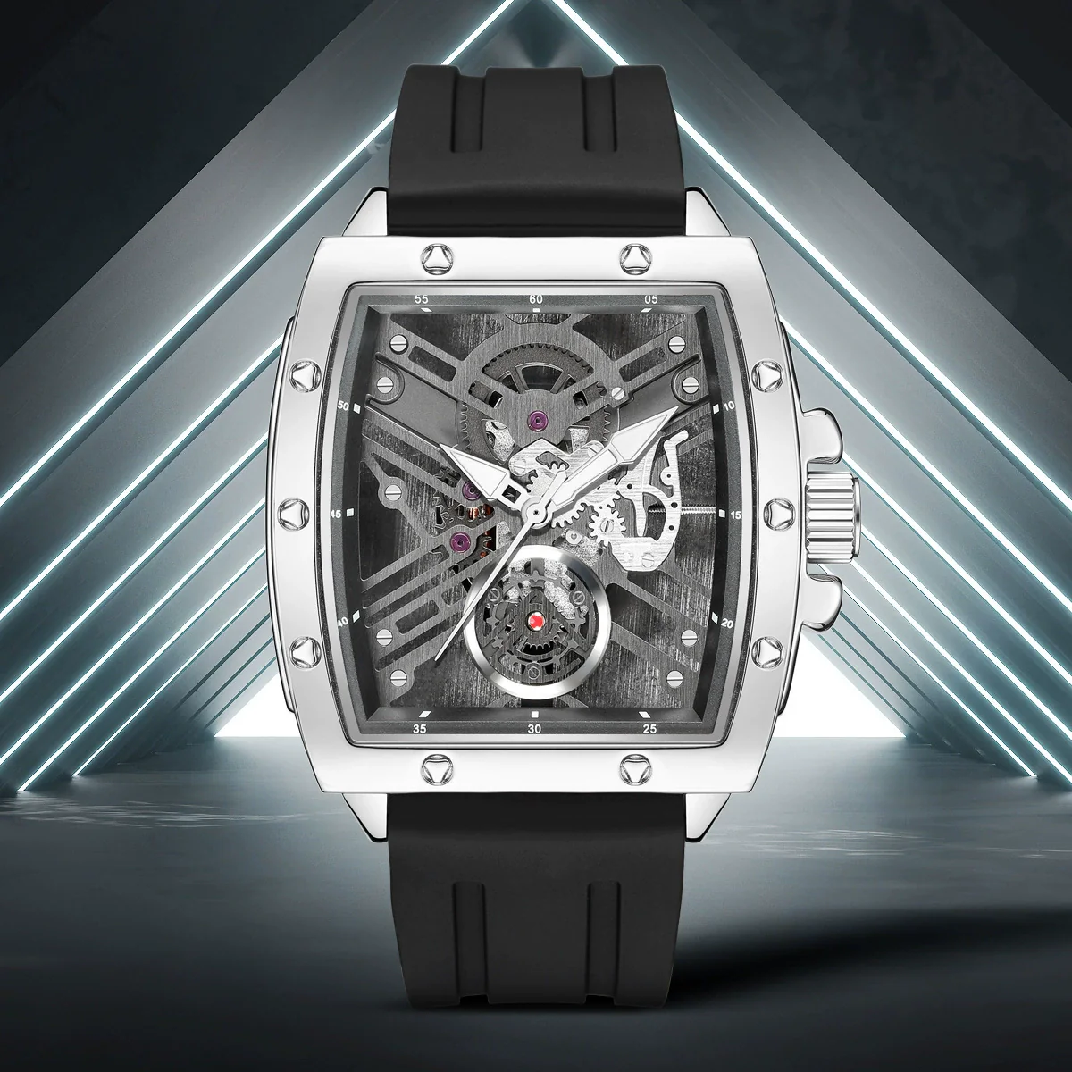 Wholesale Men's Alloy And Silicone Hollow Non Mechanical Sports Luminous Waterproof Barrel Shaped Watch - Image 3