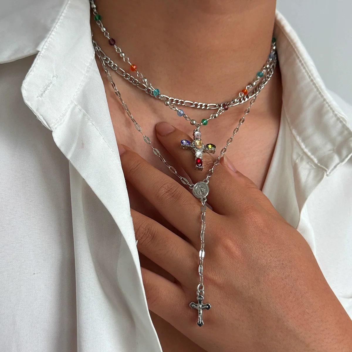 Wholesale Men's Alloy Geometric Handmade Diamondencrusted Cross Necklace - Image 3