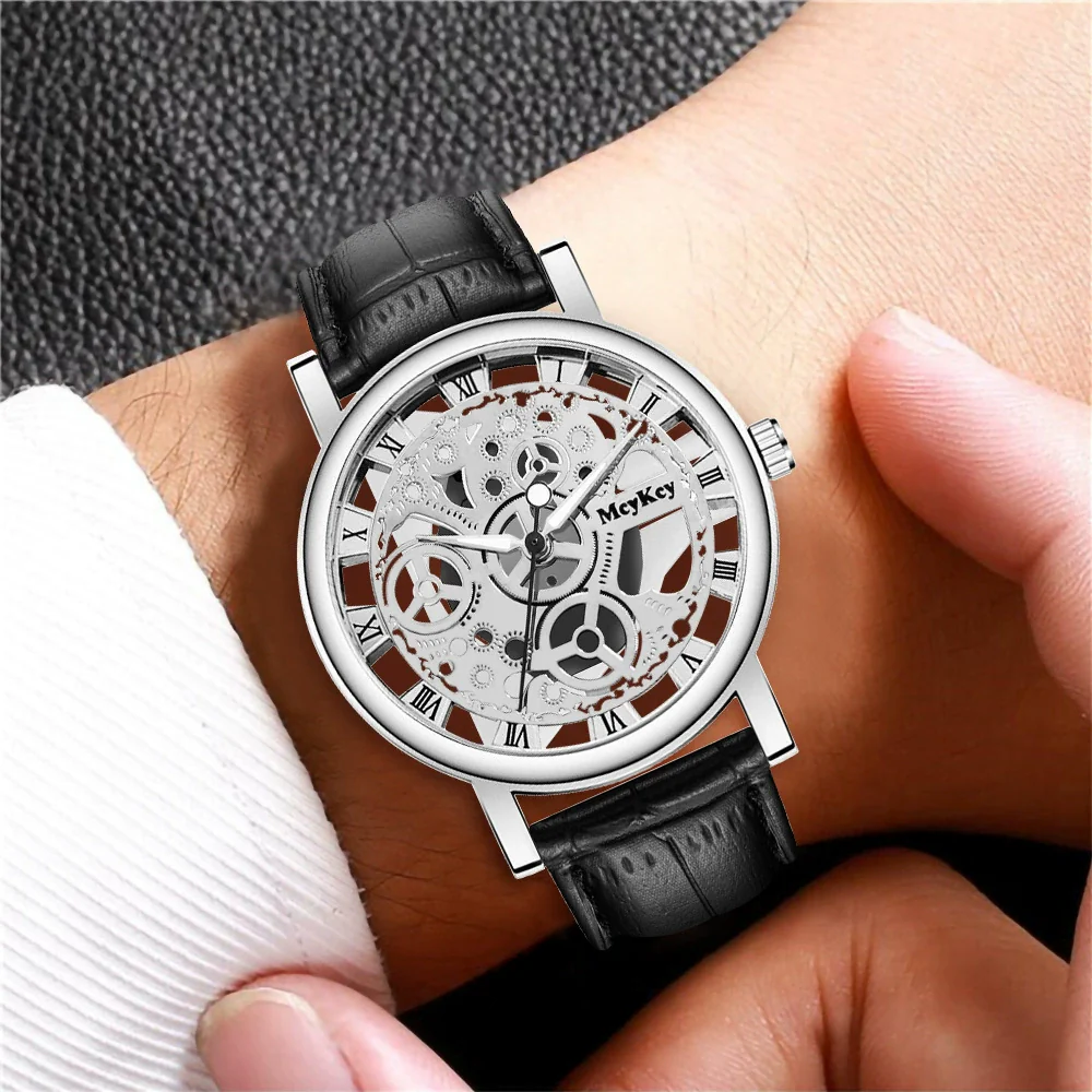 Wholesale Men's Alloy Leather Belt Quartz Wrist Watch With Transparent Bottom Hollow Design And Round Dial