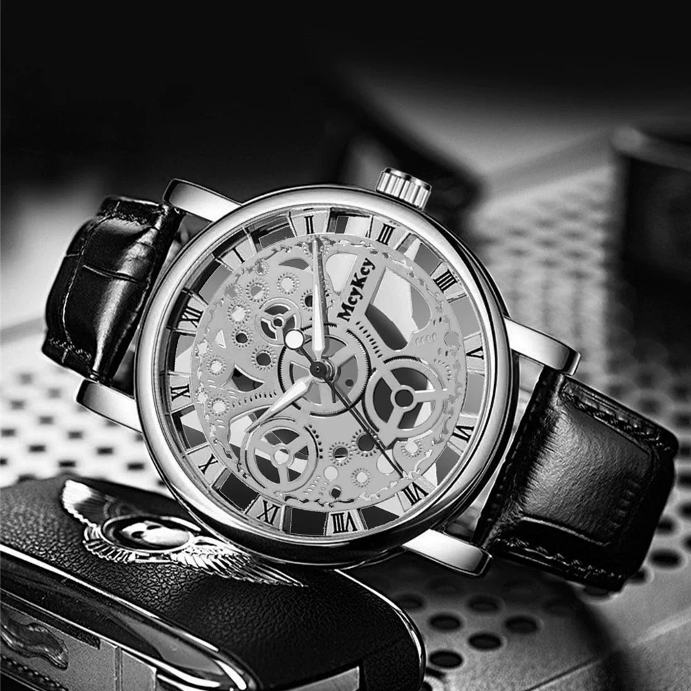 Wholesale Men's Alloy Leather Belt Quartz Wrist Watch With Transparent Bottom Hollow Design And Round Dial - Image 2