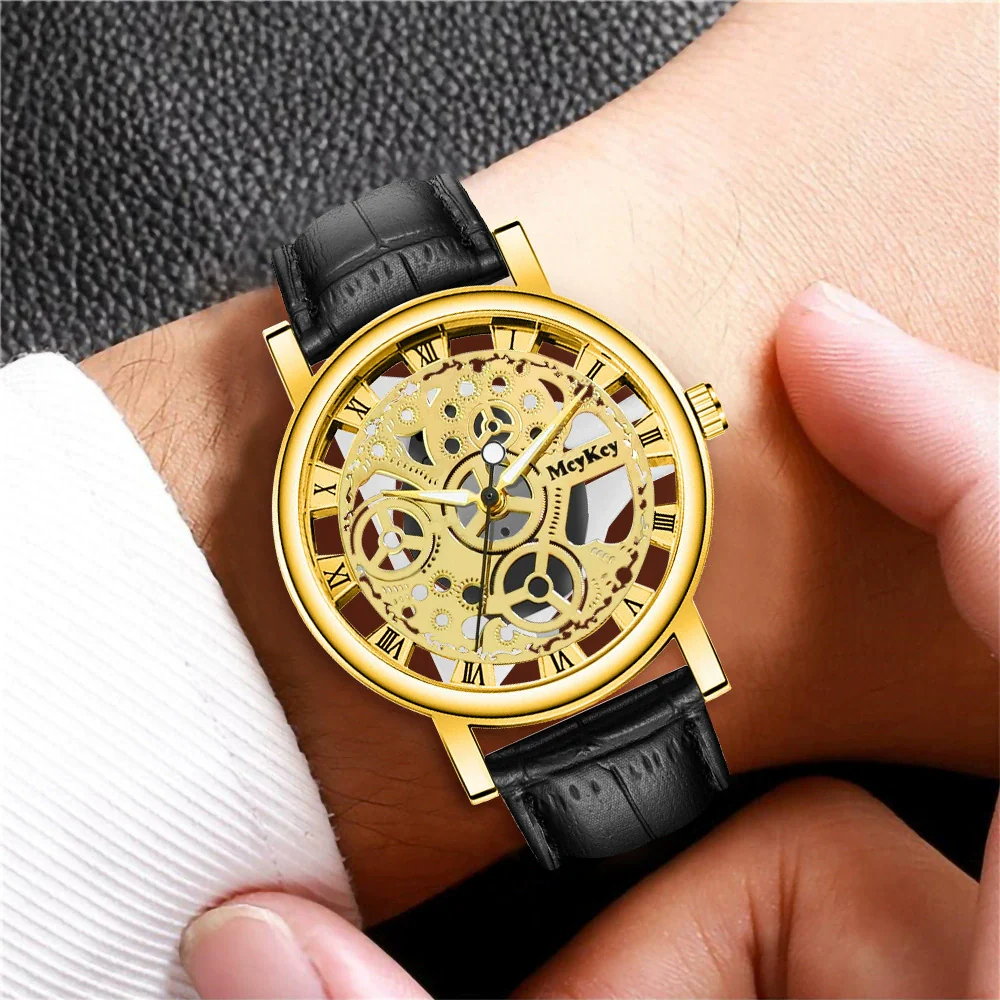 Wholesale Men's Alloy Leather Belt Quartz Wrist Watch With Transparent Bottom Hollow Design And Round Dial - Image 3