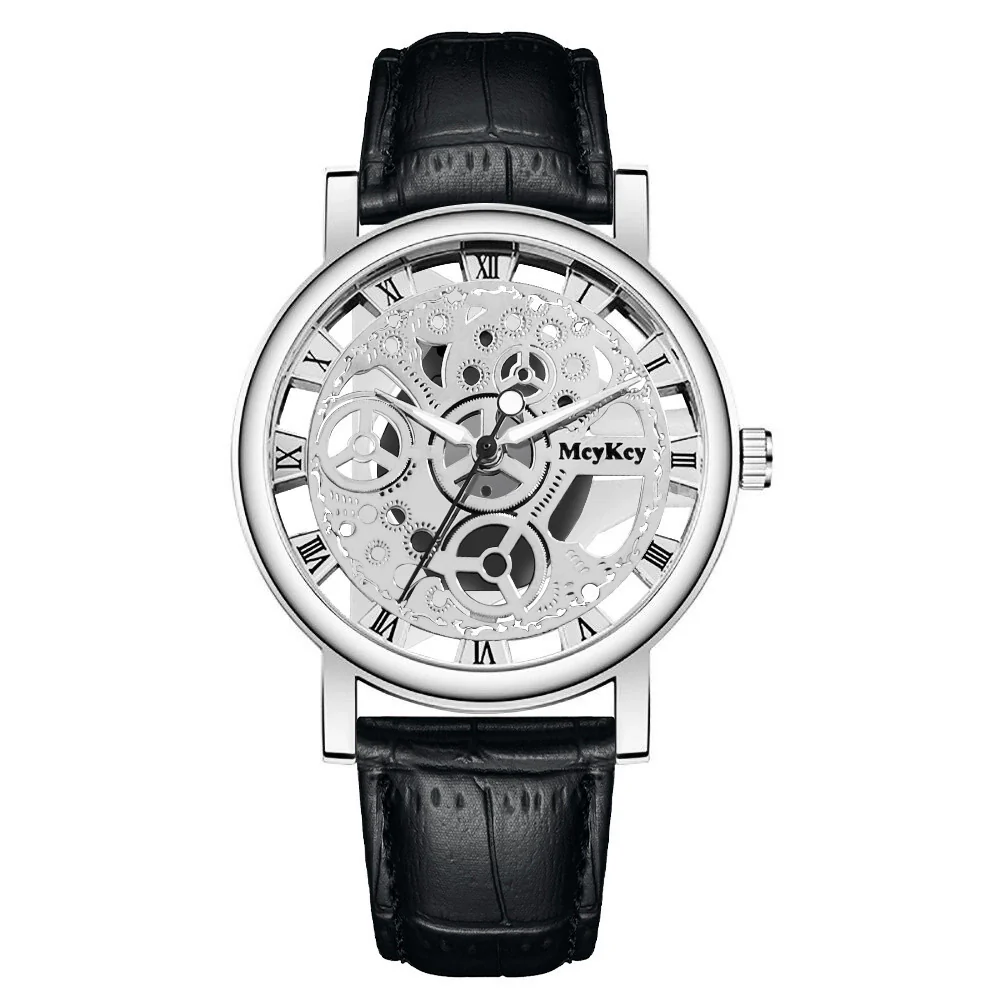 Wholesale Men's Alloy Leather Belt Quartz Wrist Watch With Transparent Bottom Hollow Design And Round Dial - Image 6