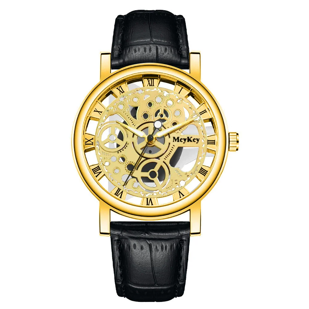 Wholesale Men's Alloy Leather Belt Quartz Wrist Watch With Transparent Bottom Hollow Design And Round Dial - Image 8