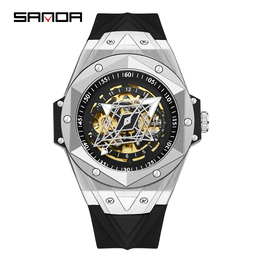 Wholesale Men's Automatic Mechanical Quartz Geometric Cut Out Watch Zinc Alloy Case Silicone Strap High Hardness Mineral Tempered Glass Mirror - Image 5
