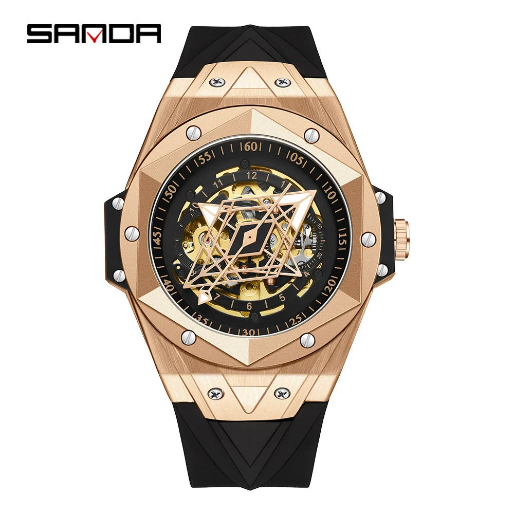 Wholesale Men's Automatic Mechanical Quartz Geometric Cut Out Watch Zinc Alloy Case Silicone Strap High Hardness Mineral Tempered Glass Mirror - Image 6