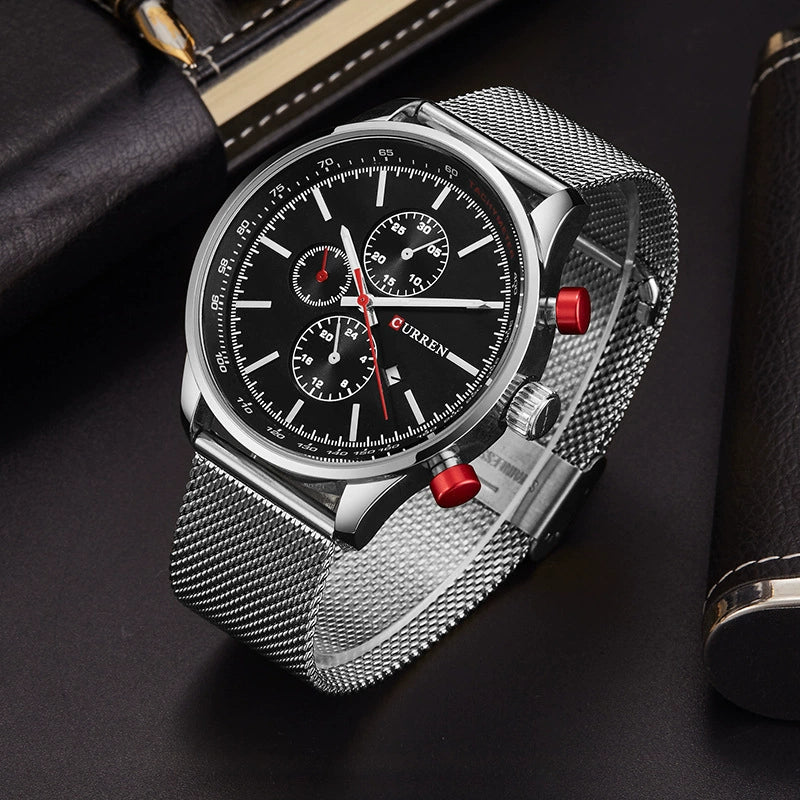 Wholesale Men's Business Stainless Steel Round Quartz Watch With Calendar And Mesh Strap - Image 3