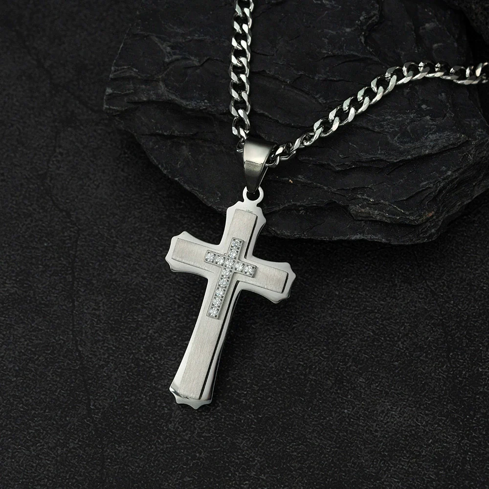 Wholesale Men's Geometric Cross Titanium Steel Electroplated Pearl Chain Necklace - Image 14