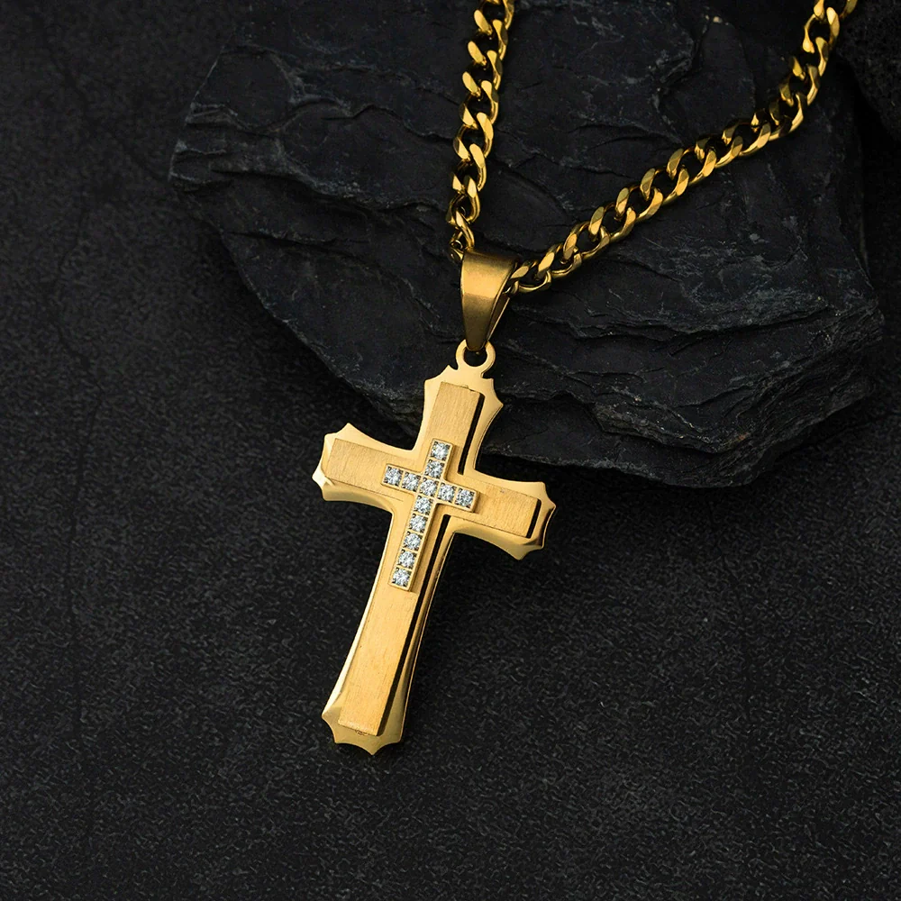 Wholesale Men's Geometric Cross Titanium Steel Electroplated Pearl Chain Necklace - Image 15