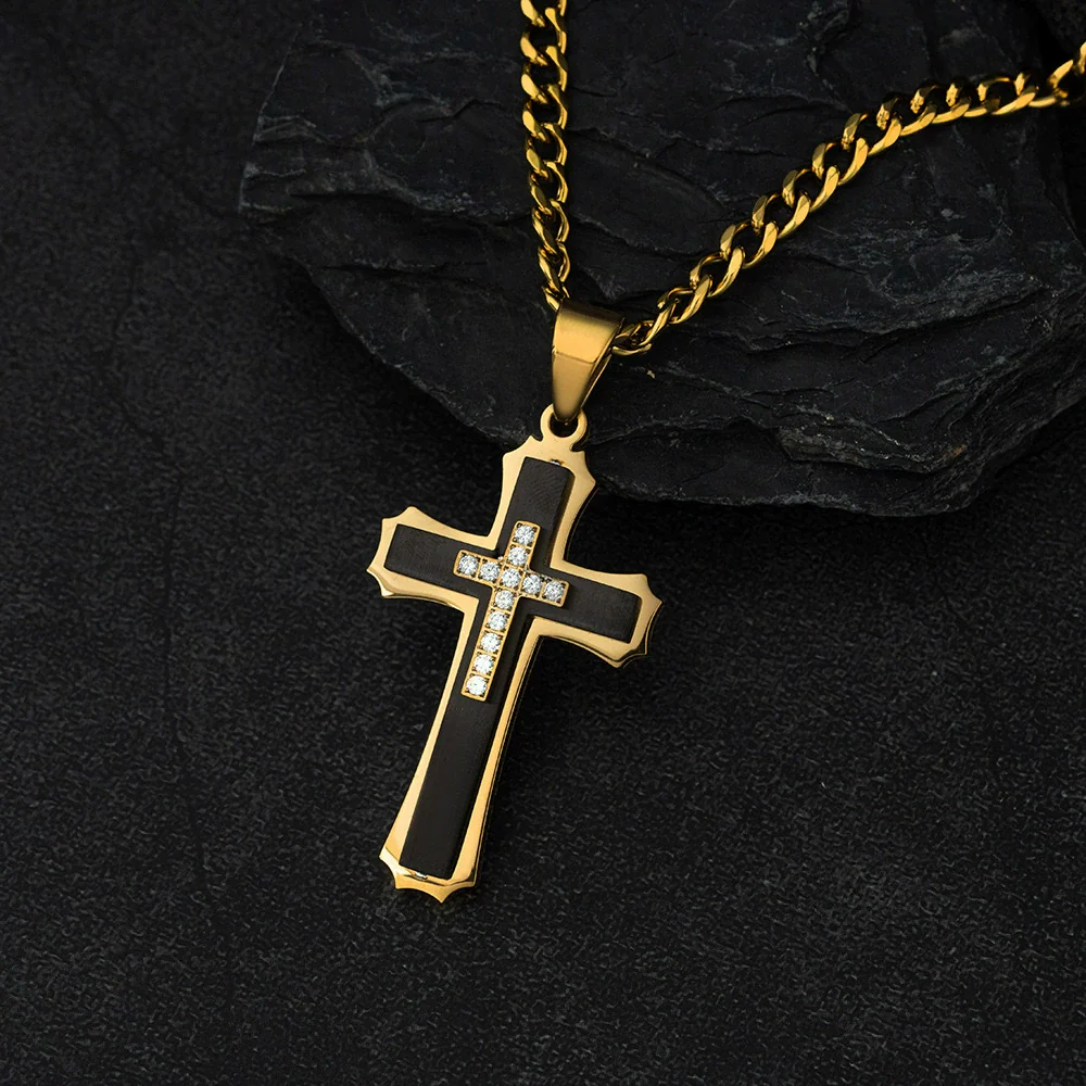 Wholesale Men's Geometric Cross Titanium Steel Electroplated Pearl Chain Necklace - Image 16