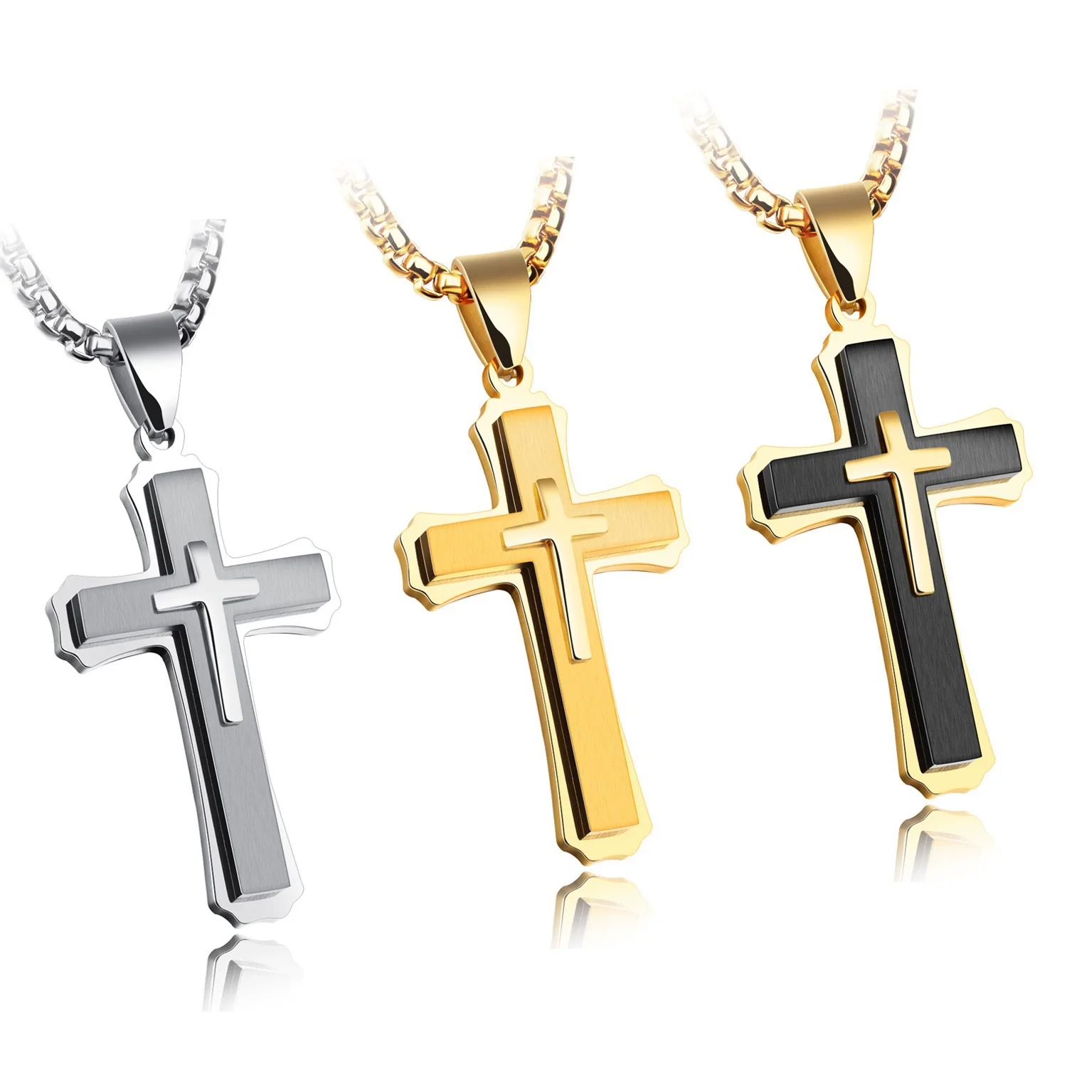 Wholesale Men's Geometric Cross Titanium Steel Electroplated Pearl Chain Necklace - Image 5