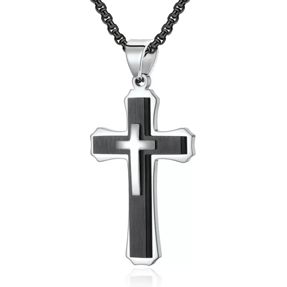 Wholesale Men's Geometric Cross Titanium Steel Electroplated Pearl Chain Necklace - Image 9