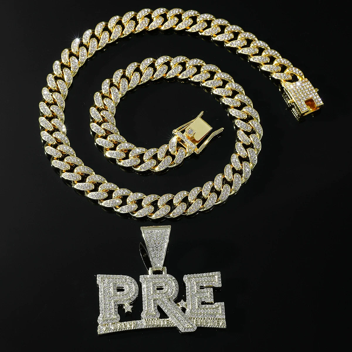 Wholesale Men's Hiphop Style Alloy Pendant Necklace With Diamond Letter Pattern And Cuban Chain - Image 3
