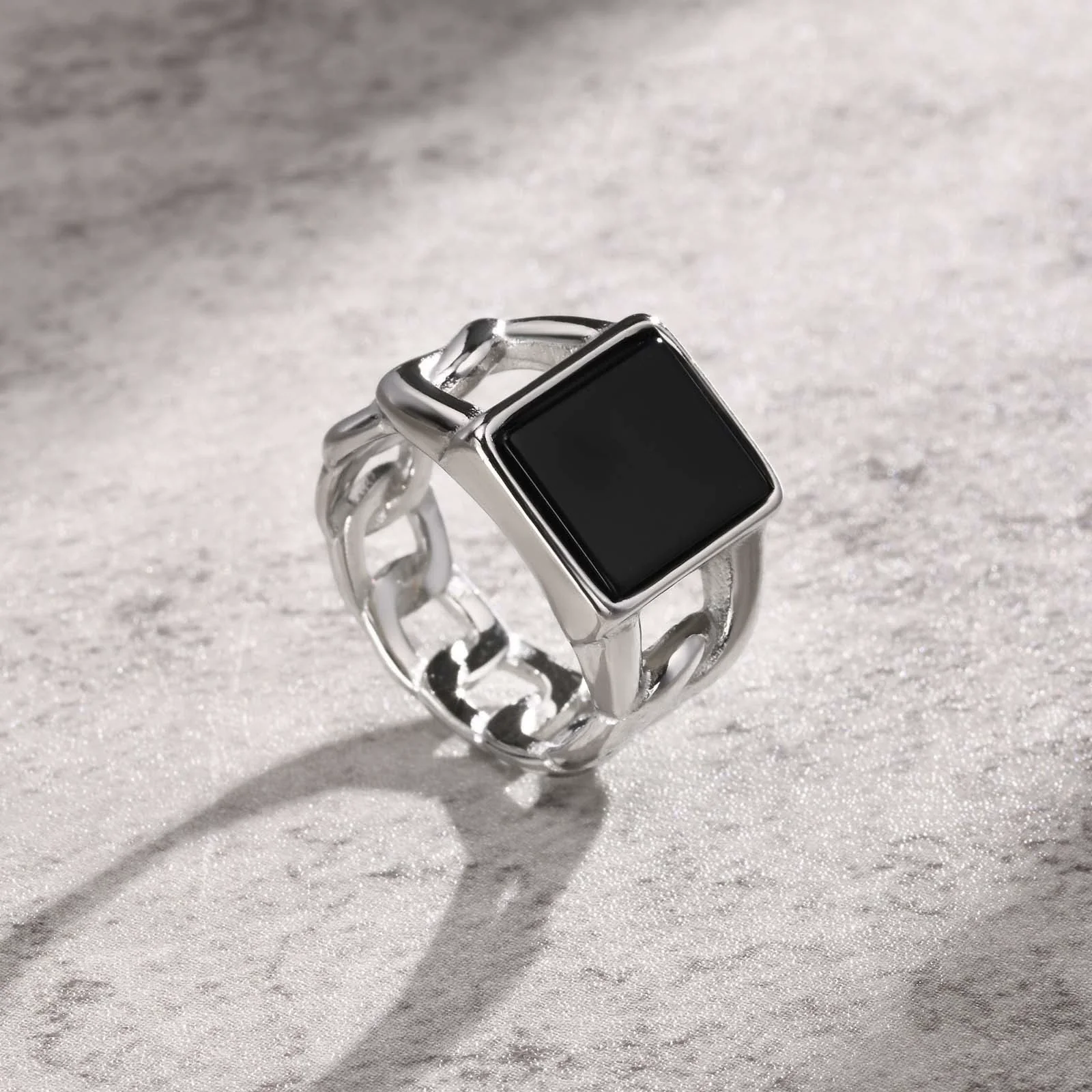 Wholesale Men's Jewelry Stainless Steel Punk Square Geometric Glass Stone Chain Ring Polished