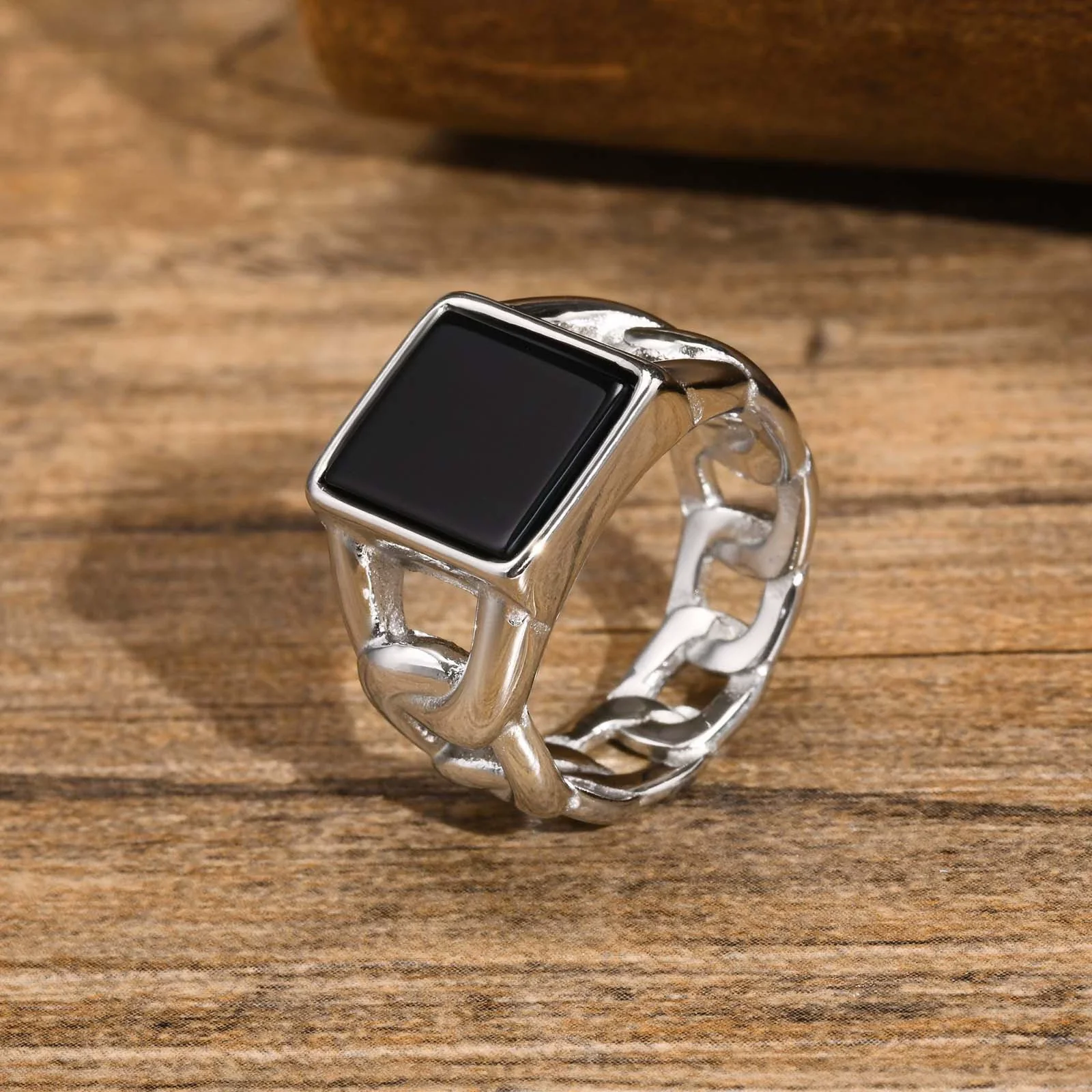 Wholesale Men's Jewelry Stainless Steel Punk Square Geometric Glass Stone Chain Ring Polished - Image 2