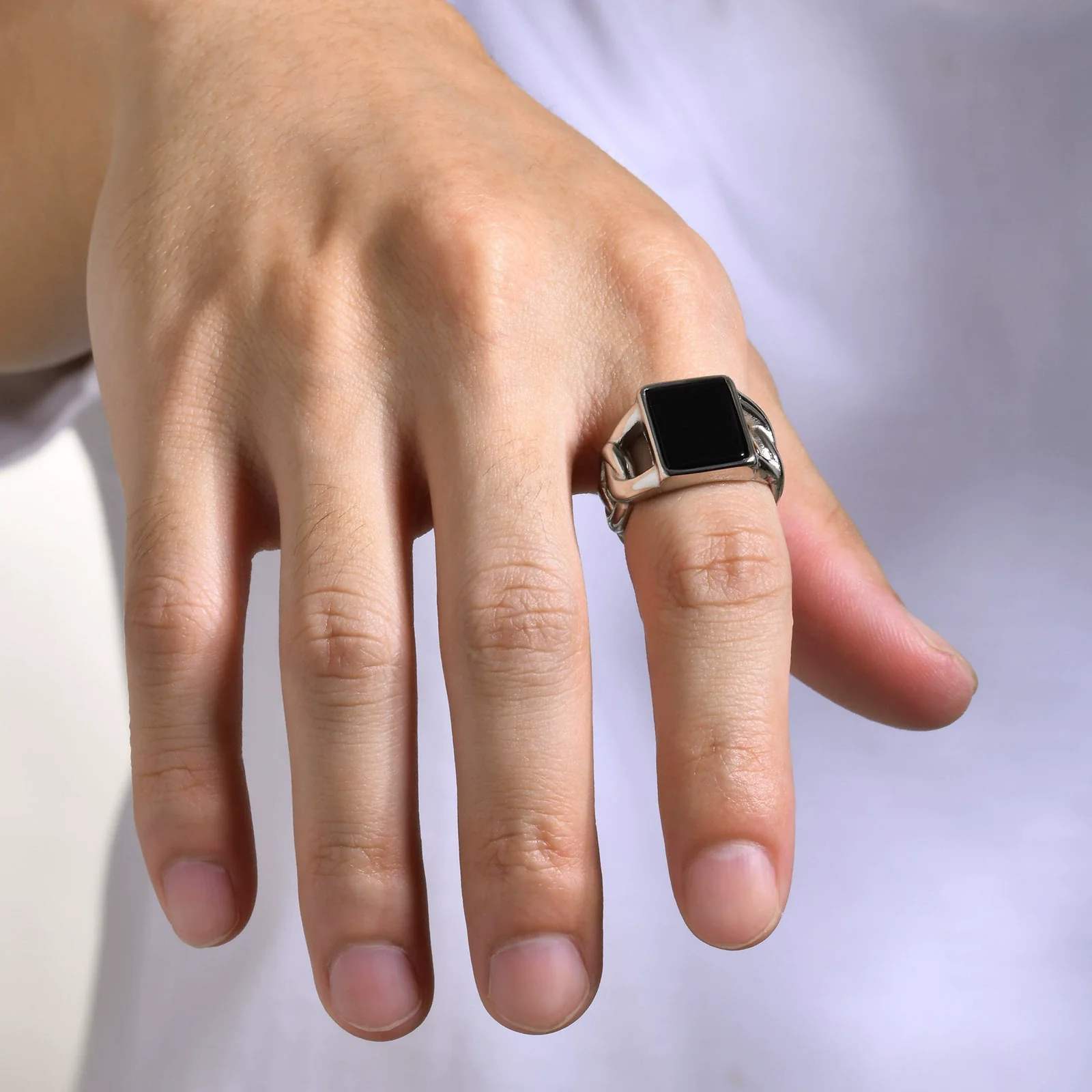 Wholesale Men's Jewelry Stainless Steel Punk Square Geometric Glass Stone Chain Ring Polished - Image 4