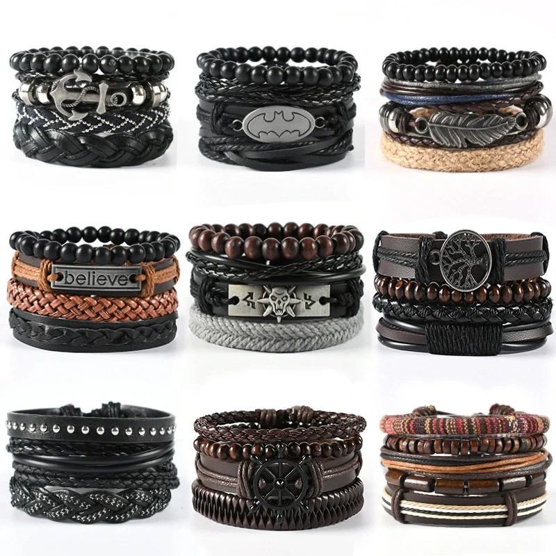 Wholesale Men's Leather Woven Geometric Retro Inlaid Alloy Bracelet