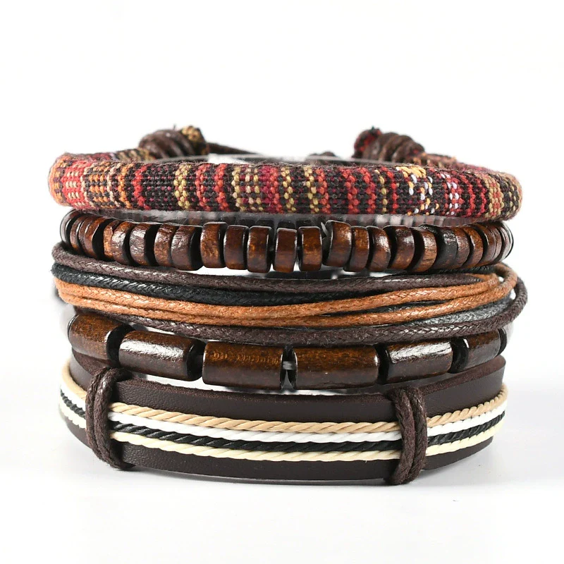 Wholesale Men's Leather Woven Geometric Retro Inlaid Alloy Bracelet - Image 10