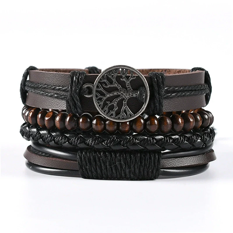 Wholesale Men's Leather Woven Geometric Retro Inlaid Alloy Bracelet - Image 2