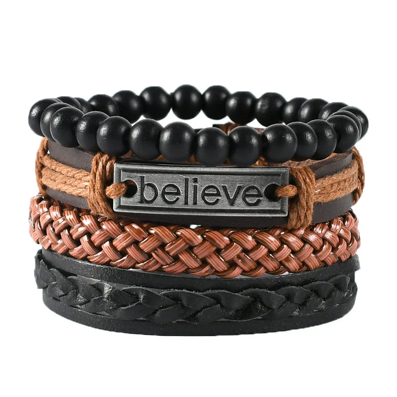 Wholesale Men's Leather Woven Geometric Retro Inlaid Alloy Bracelet - Image 5