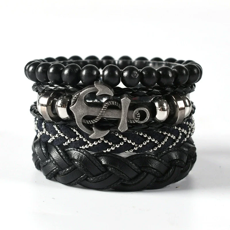 Wholesale Men's Leather Woven Geometric Retro Inlaid Alloy Bracelet - Image 6