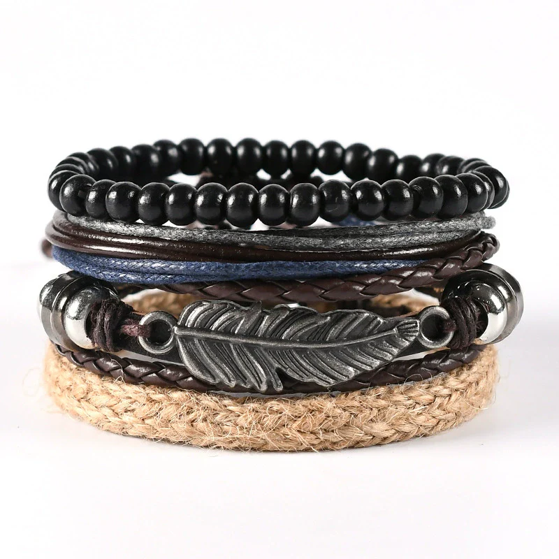 Wholesale Men's Leather Woven Geometric Retro Inlaid Alloy Bracelet - Image 7