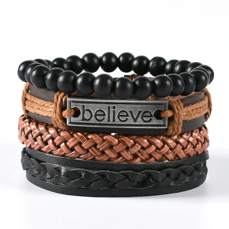 Wholesale Men's Leather Woven Geometric Retro Inlaid Alloy Bracelet - Image 8
