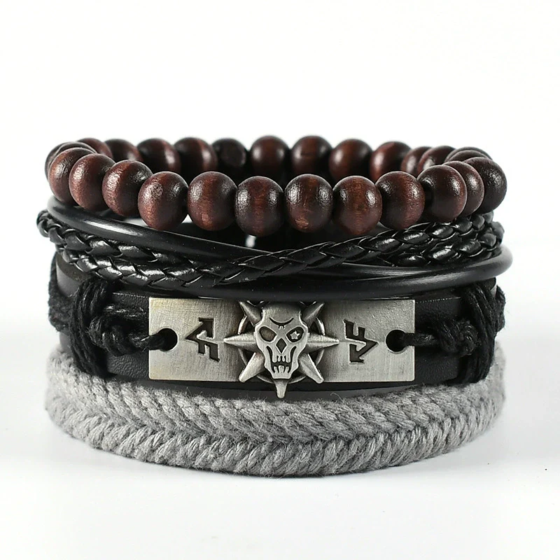 Wholesale Men's Leather Woven Geometric Retro Inlaid Alloy Bracelet - Image 9
