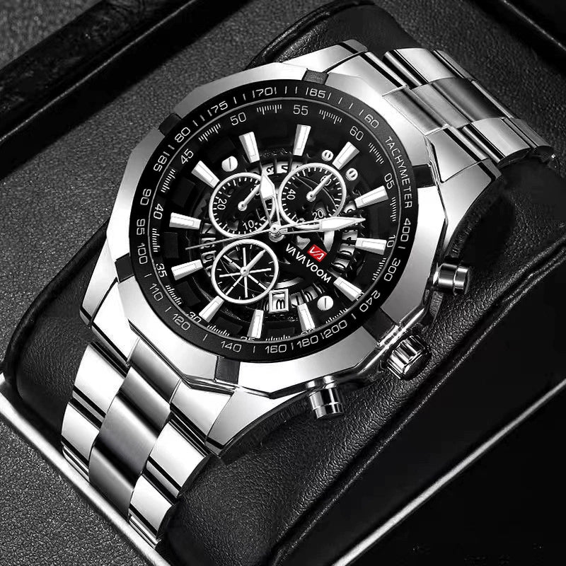 Wholesale Men's Metal Case Stainless Steel Band Round Dial Fashion Sports Waterproof Quartz Watch With Three Eyes Six Needle Luminous Calendar - Image 4