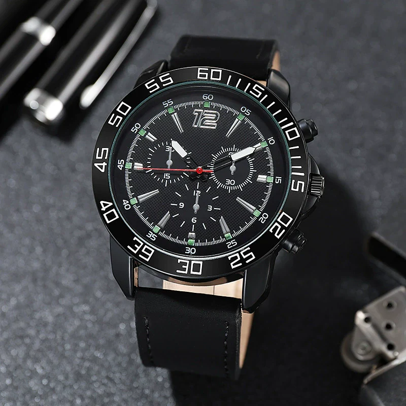 Wholesale Men's Outdoor Multifunctional Sports Quartz Watch Alloy Case Imitation Leather Strap Round Dial