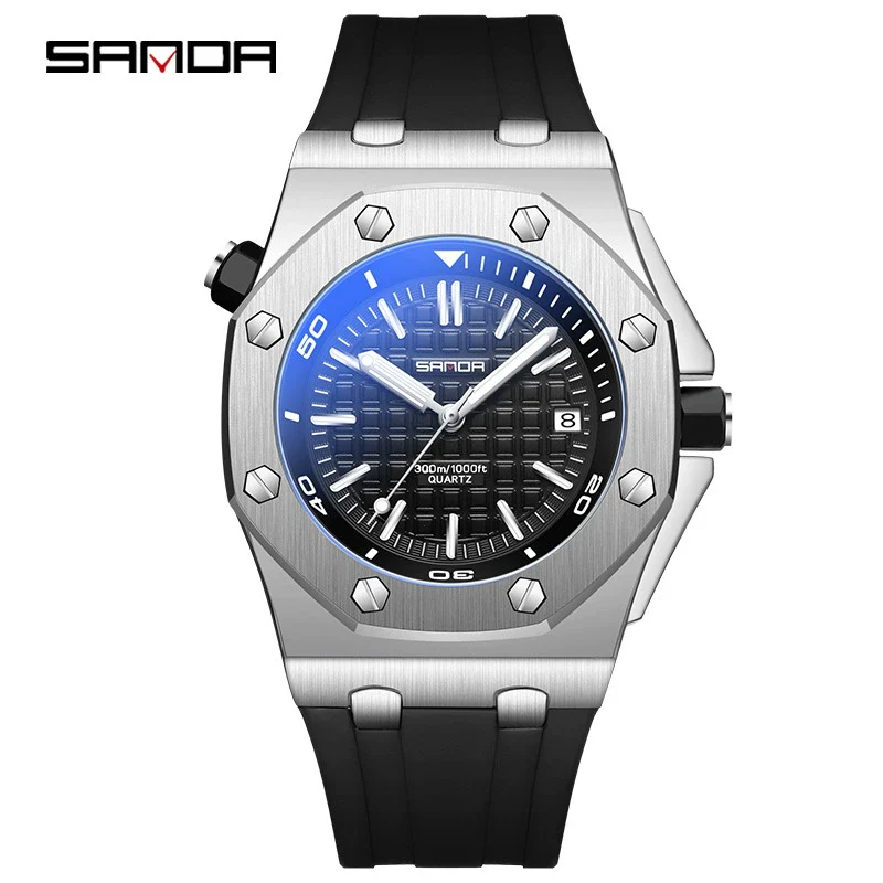 Wholesale Men's Quartz Watch With Calendar Fashion Stereo Plaid Zinc Alloy Case Silicone Strap Mineral Strengthened Blue Light Glass Mirror Round Dial - Image 3
