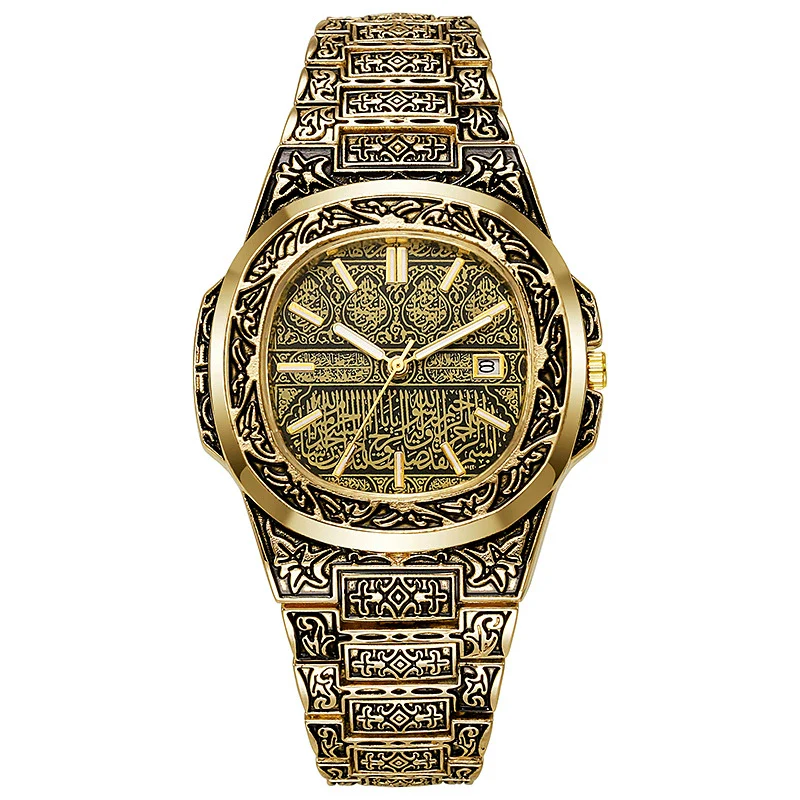 Wholesale Men's Retro Engraved Quartz Watch Alloy Case Stainless Steel Clasp Steel Strip Strap Round Dial - Image 5