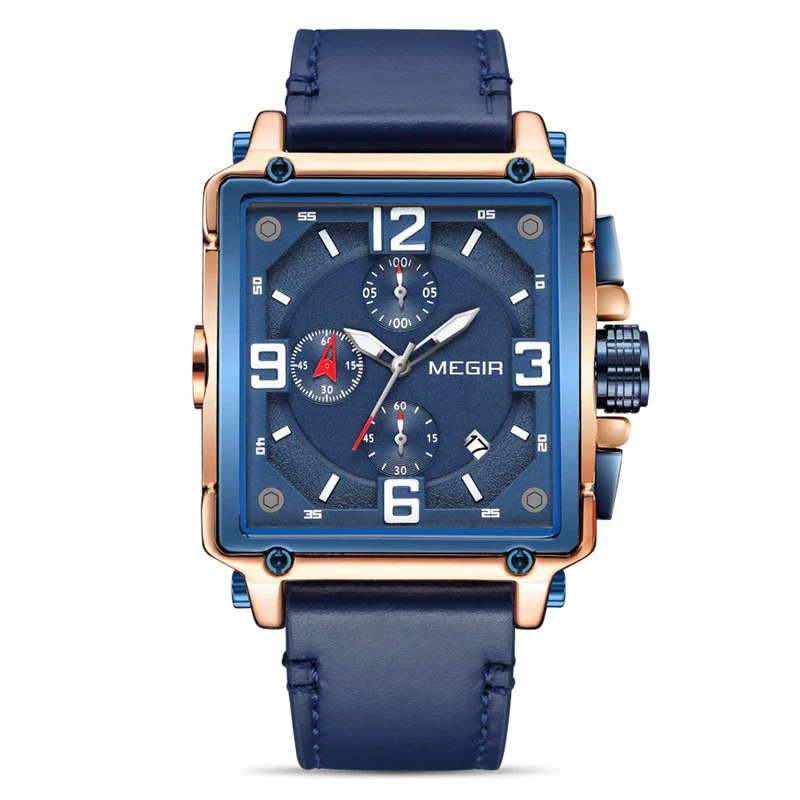 Wholesale Men's Retro Fashion Square Multifunctional Chronograph Calendar Watch Genuine Leather Strap Alloy Case Mineral Strengthened Glass Mirror - Image 2