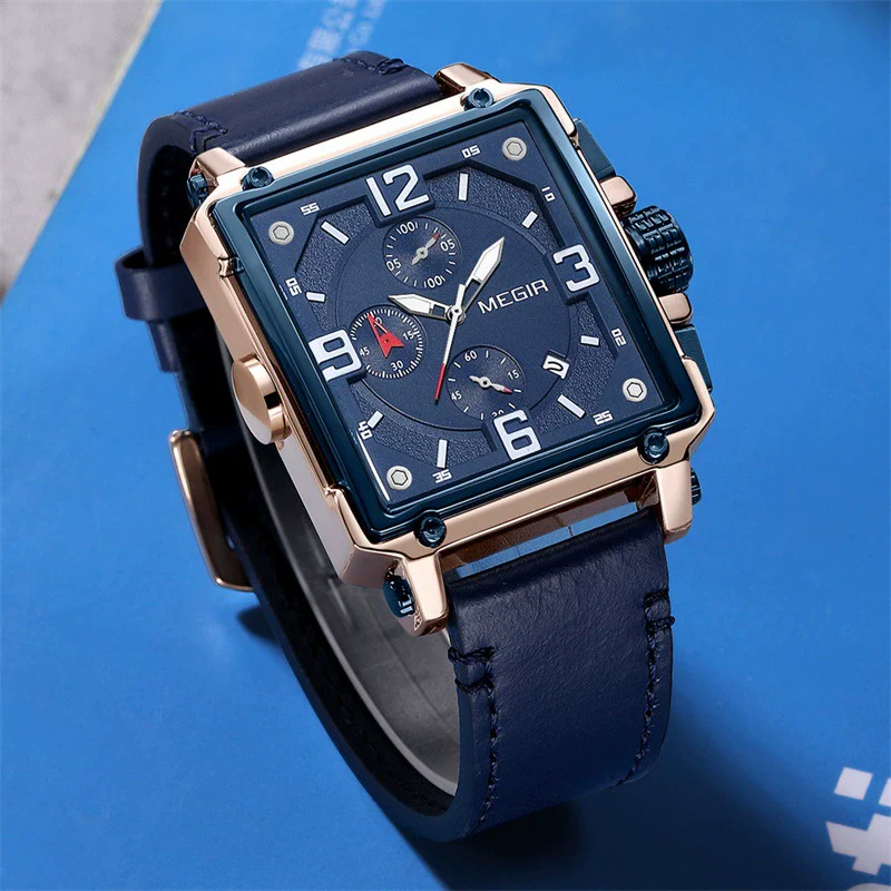 Wholesale Men's Retro Fashion Square Multifunctional Chronograph Calendar Watch Genuine Leather Strap Alloy Case Mineral Strengthened Glass Mirror - Image 3