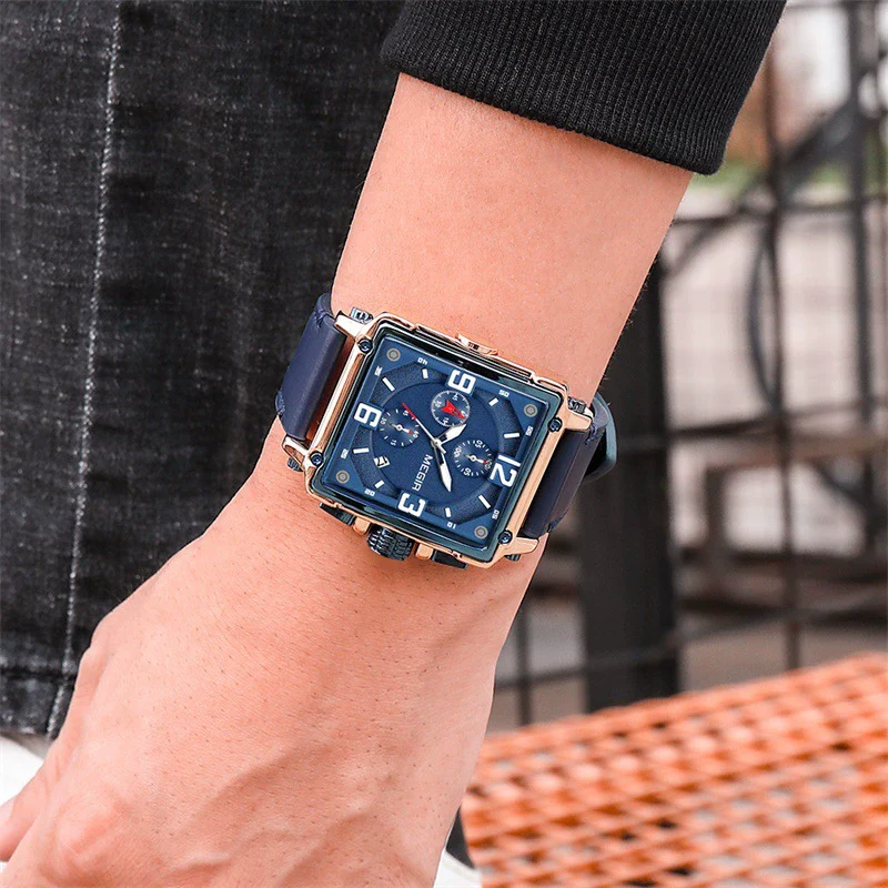 Wholesale Men's Retro Fashion Square Multifunctional Chronograph Calendar Watch Genuine Leather Strap Alloy Case Mineral Strengthened Glass Mirror - Image 4