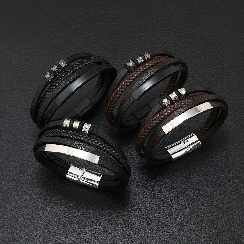 Wholesale Men's Retro Geometric Alloy Leather Woven Handmade Bracelet With Magnet Buckle