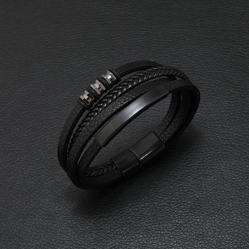 Wholesale Men's Retro Geometric Alloy Leather Woven Handmade Bracelet With Magnet Buckle - Image 2