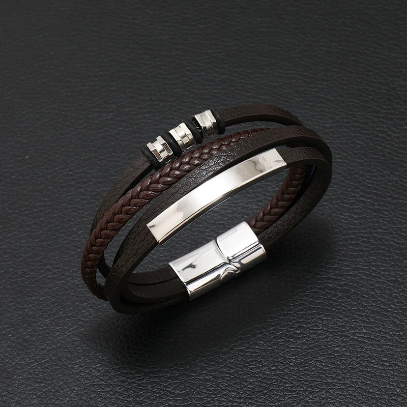 Wholesale Men's Retro Geometric Alloy Leather Woven Handmade Bracelet With Magnet Buckle - Image 4