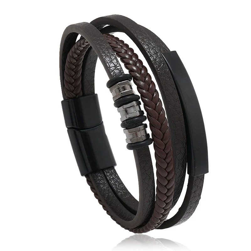 Wholesale Men's Retro Geometric Alloy Leather Woven Handmade Bracelet With Magnet Buckle - Image 5
