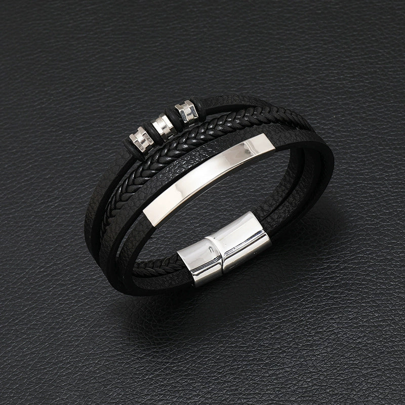 Wholesale Men's Retro Geometric Alloy Leather Woven Handmade Bracelet With Magnet Buckle - Image 6