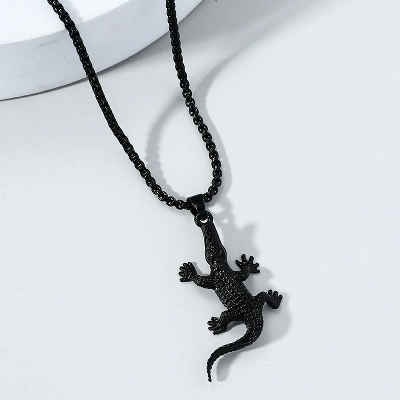 Wholesale Men's Retro Punk Crocodile Pendant Necklace Alloy Titanium Steel Electroplated Animal Pattern Square Pearl Chain - Image 6