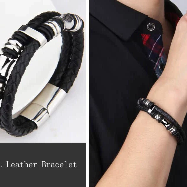 Wholesale Men's Simple Geometric Artificial Leather And Titanium Steel Braided Electroplated Bracelet Jewelry - Image 3