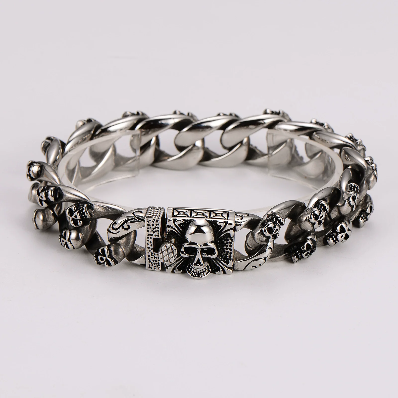 Wholesale Men's Simple Geometric Stainless Steel Electroplated Double Row Skull Bracelet - Image 6