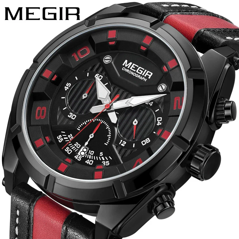 Wholesale Men's Sports Multifunction Chronograph Waterproof Luminous Quartz Watch Alloy Case Leather Strap Round Dial