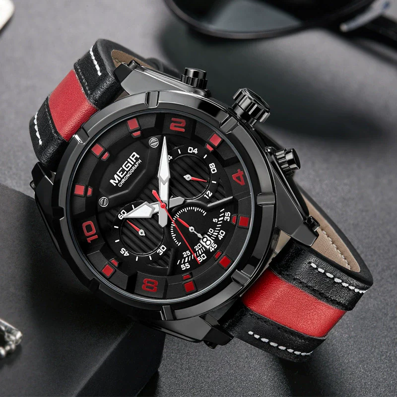 Wholesale Men's Sports Multifunction Chronograph Waterproof Luminous Quartz Watch Alloy Case Leather Strap Round Dial - Image 3