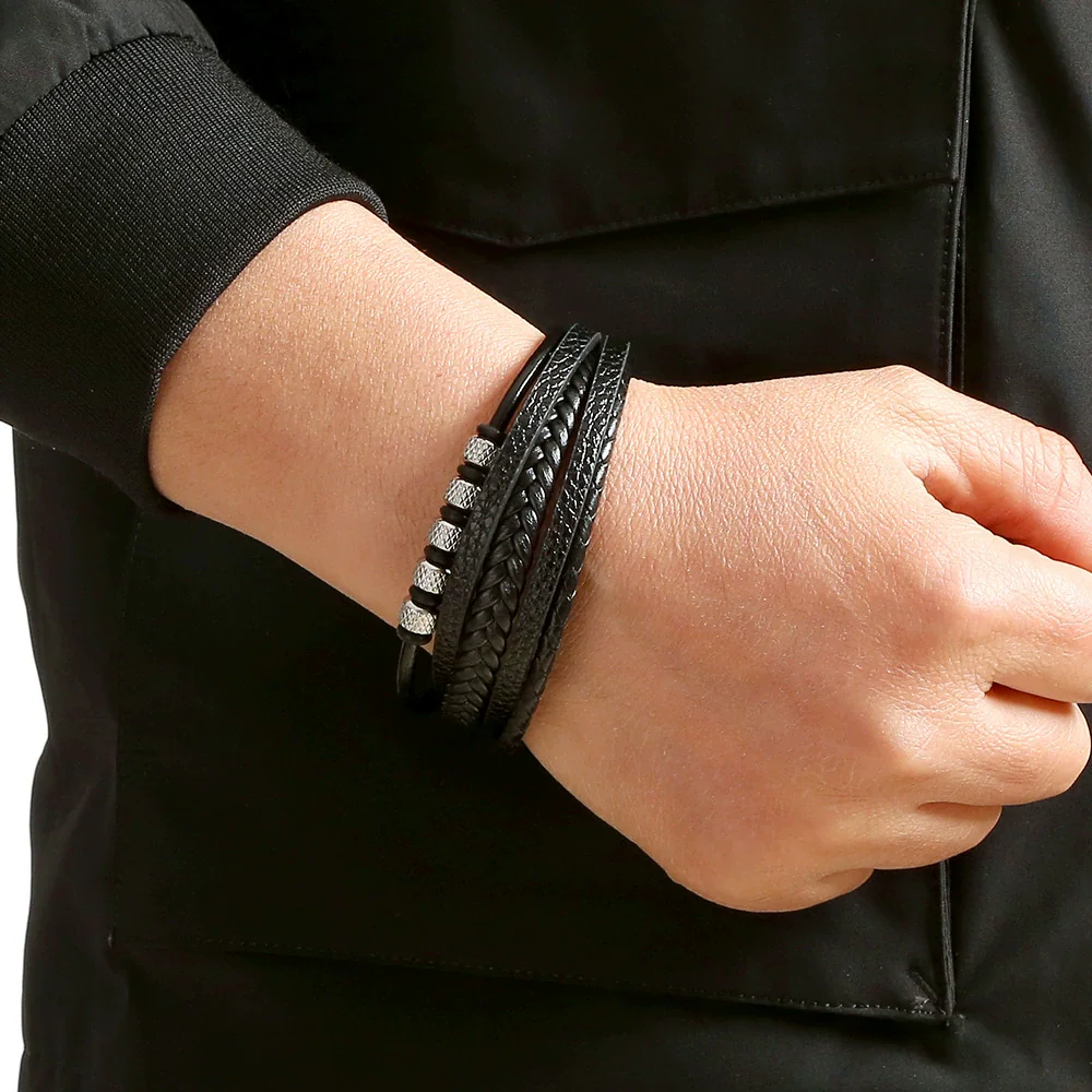 Wholesale Men's Stainless Steel Leather Punk Handmade Geometric Multi Layer Woven Bracelet Jewelry - Image 2