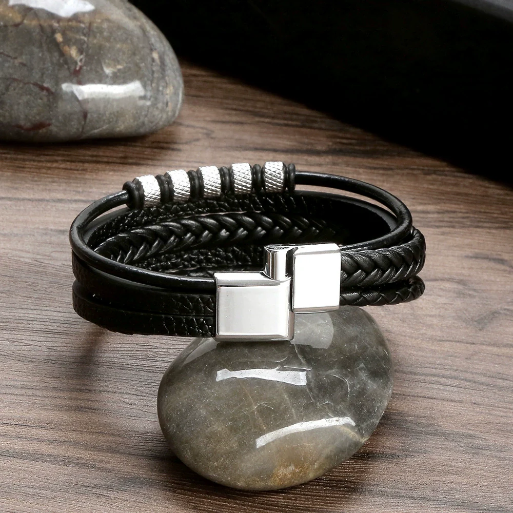 Wholesale Men's Stainless Steel Leather Punk Handmade Geometric Multi Layer Woven Bracelet Jewelry - Image 3