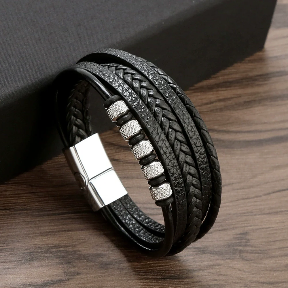 Wholesale Men's Stainless Steel Leather Punk Handmade Geometric Multi Layer Woven Bracelet Jewelry - Image 5
