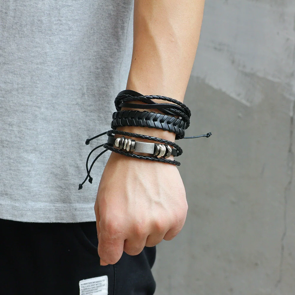 Wholesale Men's Woven Cowhide Bracelet Geometric Style Jewelry - Image 2