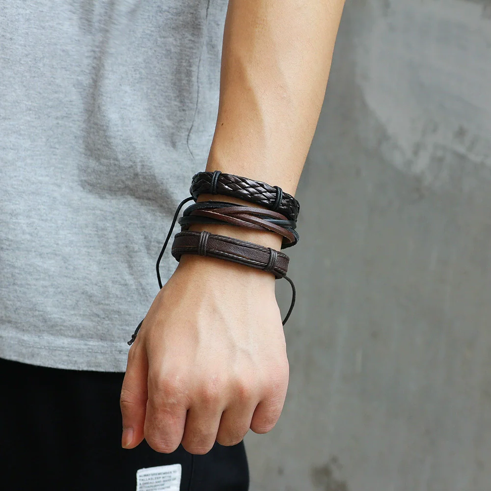 Wholesale Men's Woven Cowhide Bracelet Geometric Style Jewelry - Image 4