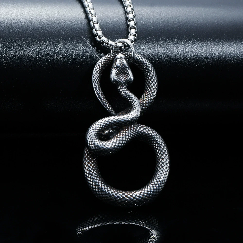 Wholesale Men's Zodiac Snake Pendant Necklace With Geometric Pattern Titanium Steel And Pearl Chain Dripping Oil Treatment - Image 2